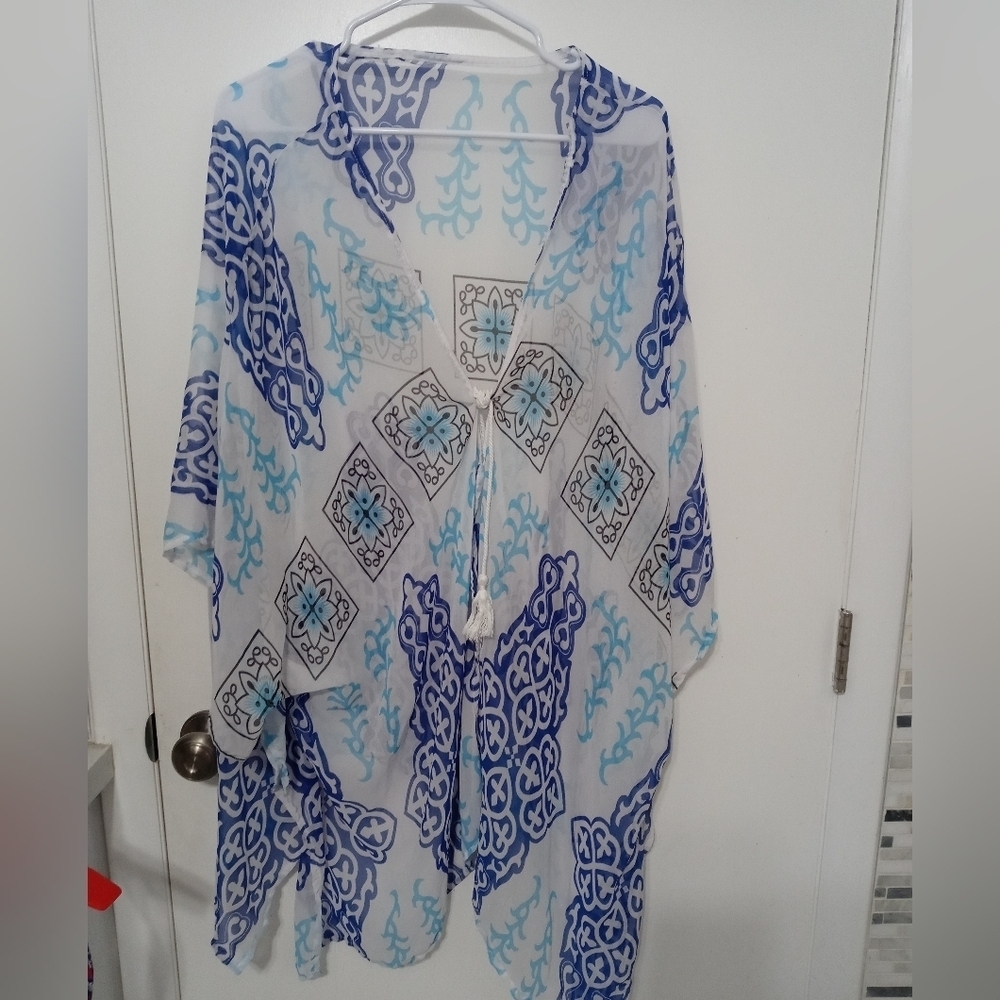 Blue White Open front Sheer Beach Cover up with 1/2 Sleeves and ties at front OS